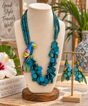 Hand Painted Parrot Necklace Earrings Set Turquoise Blue Wood Beaded Boho